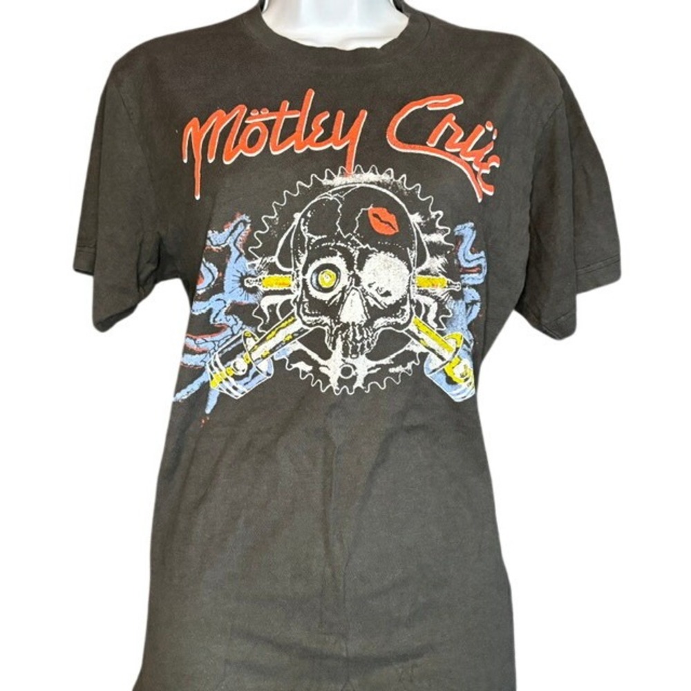 Motley Crue Skull Pistons Graphic Tee Shirt Womens Large Faded Black Rock Band